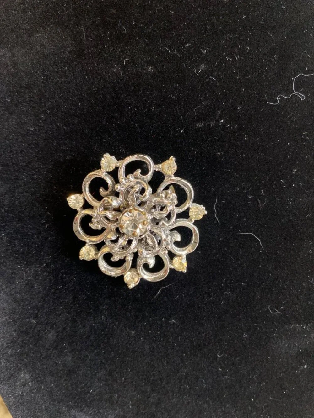 Vintage Silver Tone Filigree Rhinestone Floral Brooch Mid Century Cottagecore